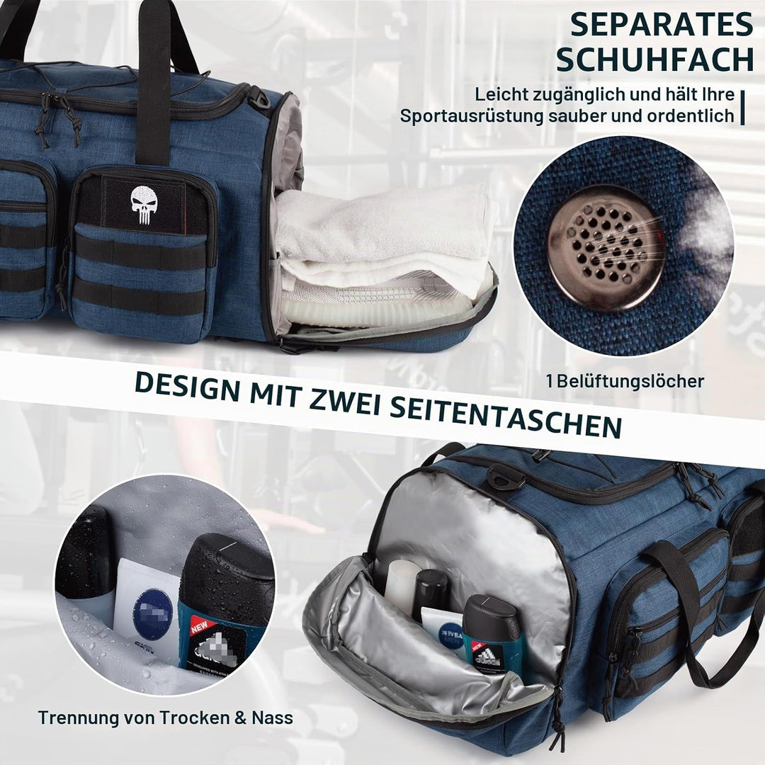 Taktische Sporttasche für Herren, 50L Grosse 3-in-1-Sport-Reisetasche mit Schuhfach, Wasserabweisend