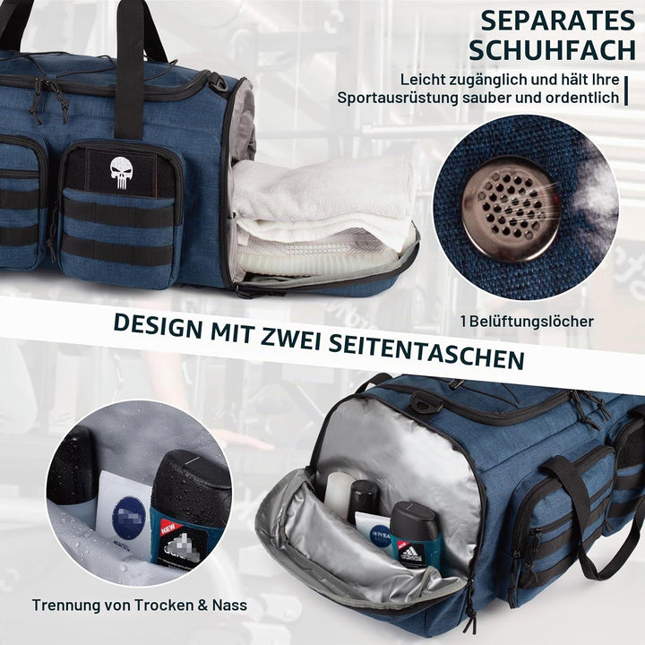 Taktische Sporttasche für Herren, 50L Grosse 3-in-1-Sport-Reisetasche mit Schuhfach, Wasserabweisend