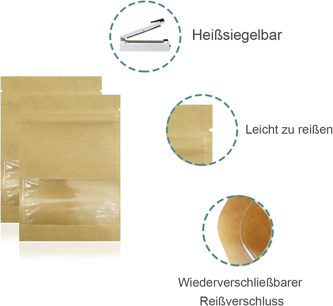 WACCOMT Pack 100 Stücke Reissverschluss Heisssiegel Kraftpapier Aufbewahrungstasche Verpackung mit T