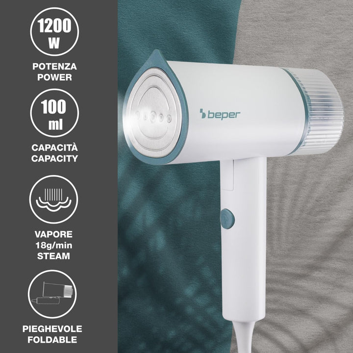 BEPER P204FER210 Tragbarer, faltbarer Vertikal-Dampfglätter – 1200 W, 18 g/min Dauerdampf, 100 ml ab