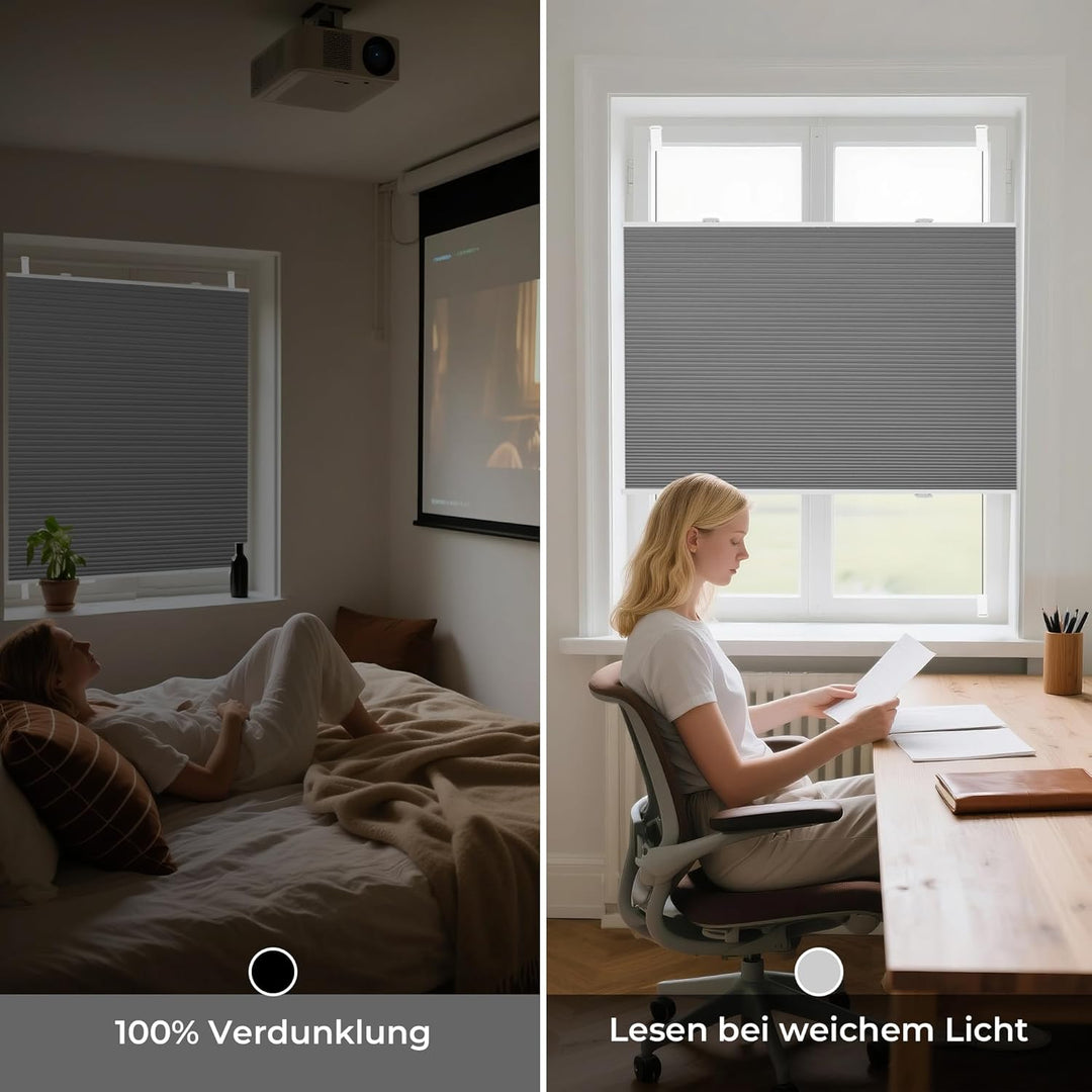 Allesin Wabenplissee ohne Bohren Verdunklung Thermo Doppelplissee Klemmfix Zweifarbig Grau-weiss 40x