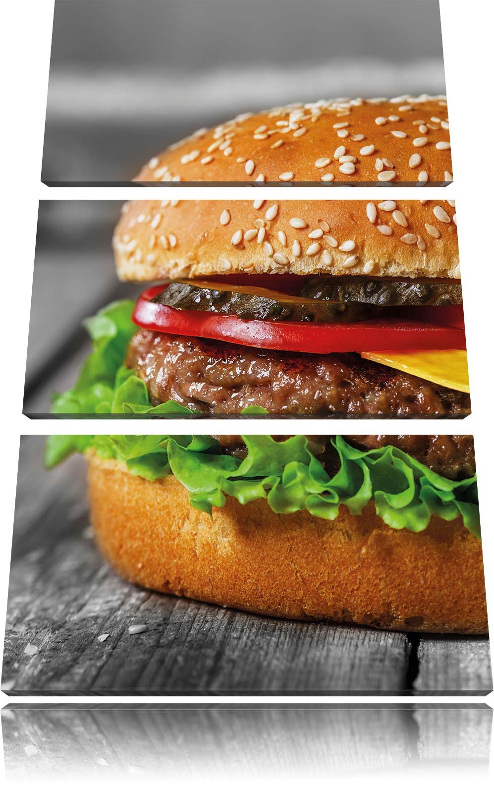 Pixxprint appetitlicher Cheeseburger als Leinwandbild/Grösse: 3 Teilig (120x80) cm/Wandbild/Kunstdru