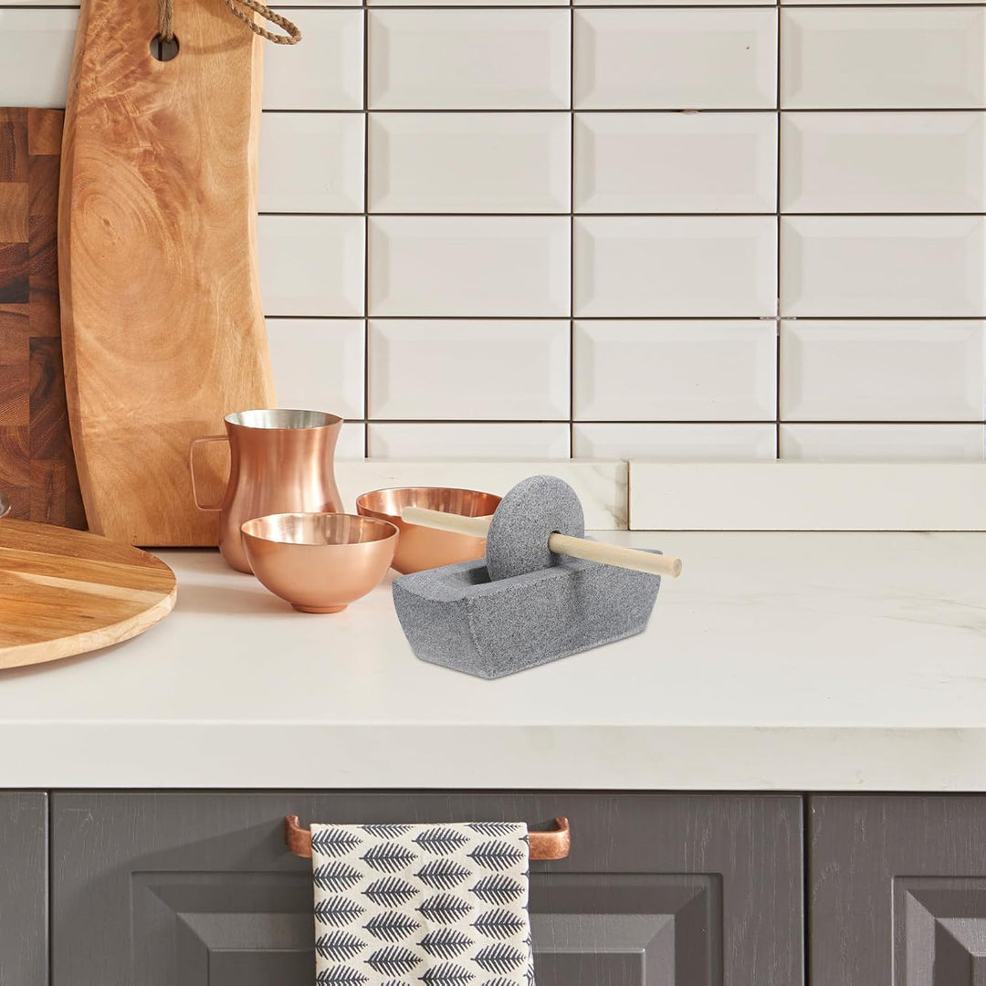 SOLUSTRE Traditionelle Manuelle Steinmühle aus Stein und Holz mit Steinschleifscheibe für Küche und