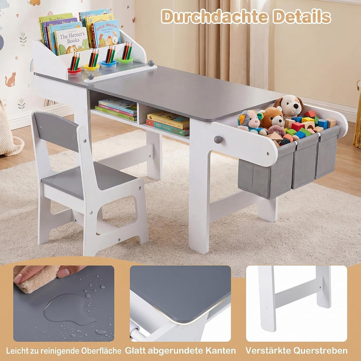 COSTWAY Kindertisch mit Stuhl, Papierrolle &amp; 4 Farbbechern, Grau