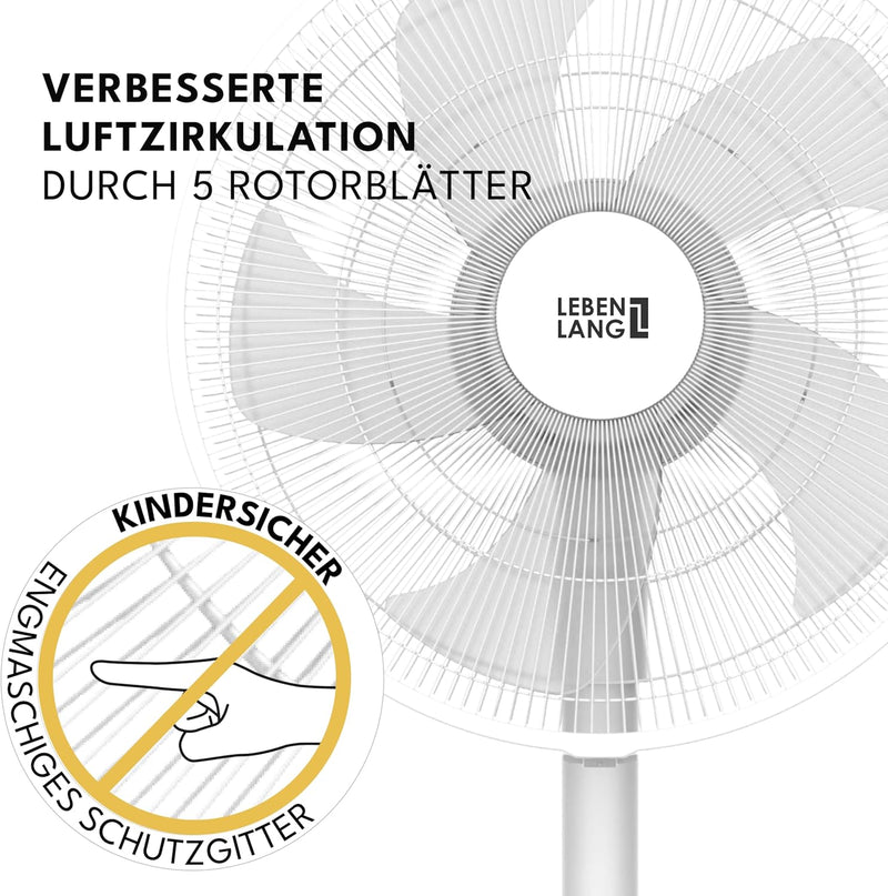 LEBENLANG Stand Ventilator leise - Mit Fernbedienung & LED-Display & 5 Modi I Oszillierend Energiesp