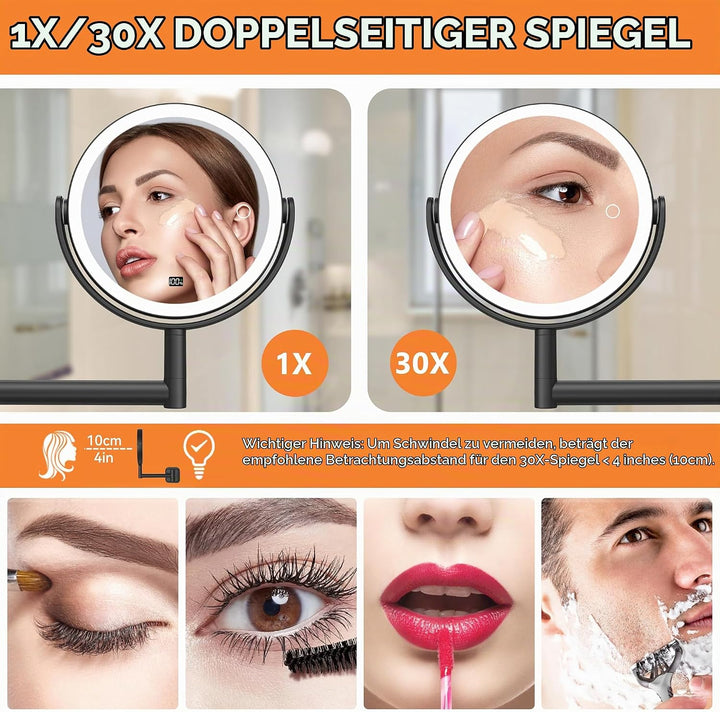 Auxmir Kosmetikspiegel ohne Bohren mit 1X/30X Vergrösserung, LED Beleuchtung Dimmbarer Schminkspiege