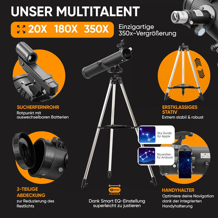 Adler Focus Teleskop 76700, Neuentwicklung 2023, Vergrösserung 20-350x für Anfänger - Profi, tragbar