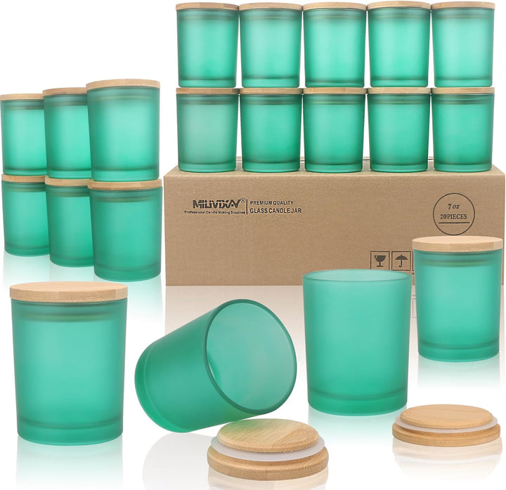 MILIVIXAY 20 Stück 200 ml mattgrüne, dicke Glas-Kerzengläser mit Deckel – leere Kerzengläser für die