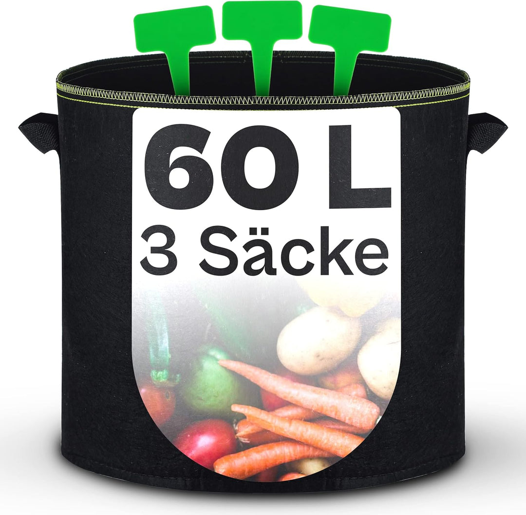 Praknu Pflanzsack 60l - 3 Kartoffelsack Gross aus Vliesstoff mit Pflanzenstecker zum Beschriften -mi