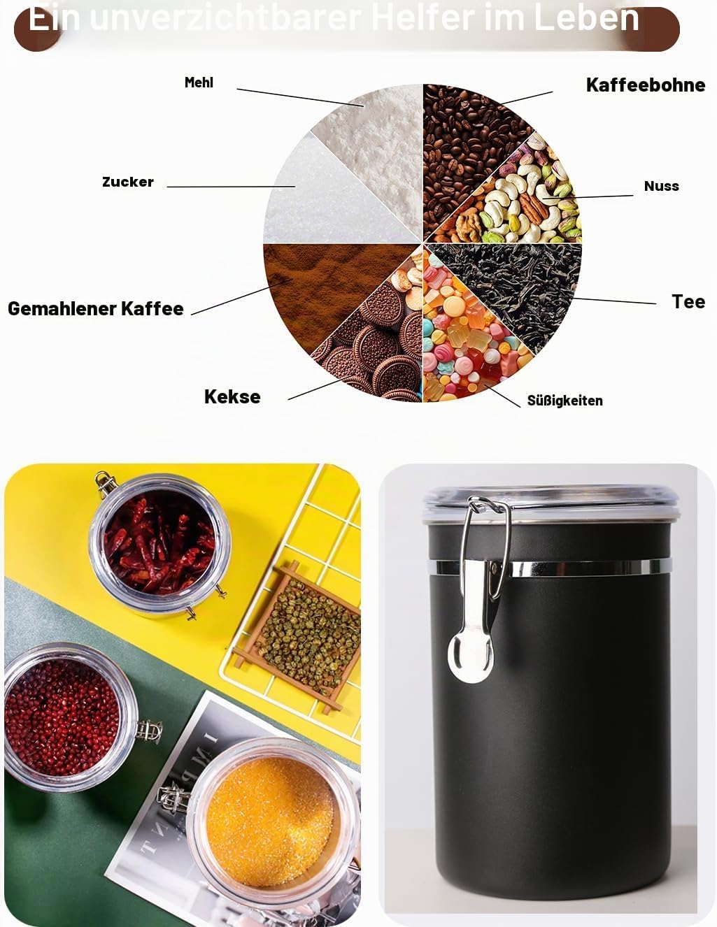 Kaffeedose Luftdicht mit Deckel Kaffeebohnen Behälter für Kaffeepulver Bohnen Tee Mehl Müsli Zucker,