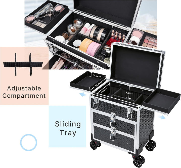 Kosmetik Trolley mit 2 Schublade Kosmetikkoffer Trolley Friseurkoffer mit Rollen Make up Koffer Schm