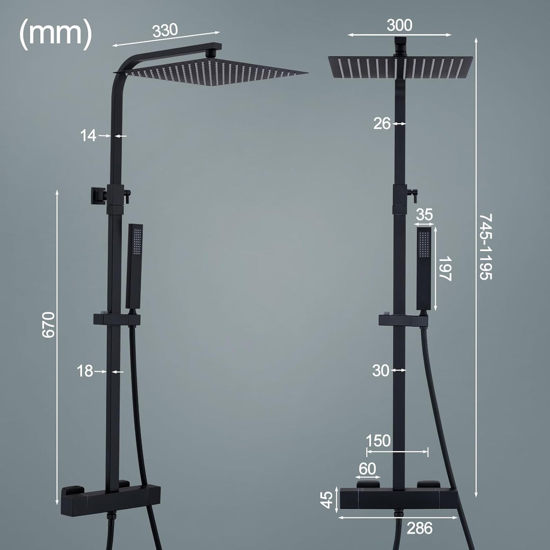 HOMELODY Duschsystem mit Thermostat Schwarz - Edelstahl Duscharmatur Komplettset mit 30x30CM Kopfbra