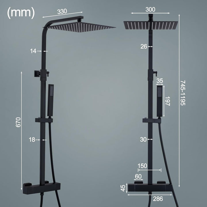 HOMELODY Duschsystem mit Thermostat Schwarz - Edelstahl Duscharmatur Komplettset mit 30x30CM Kopfbra