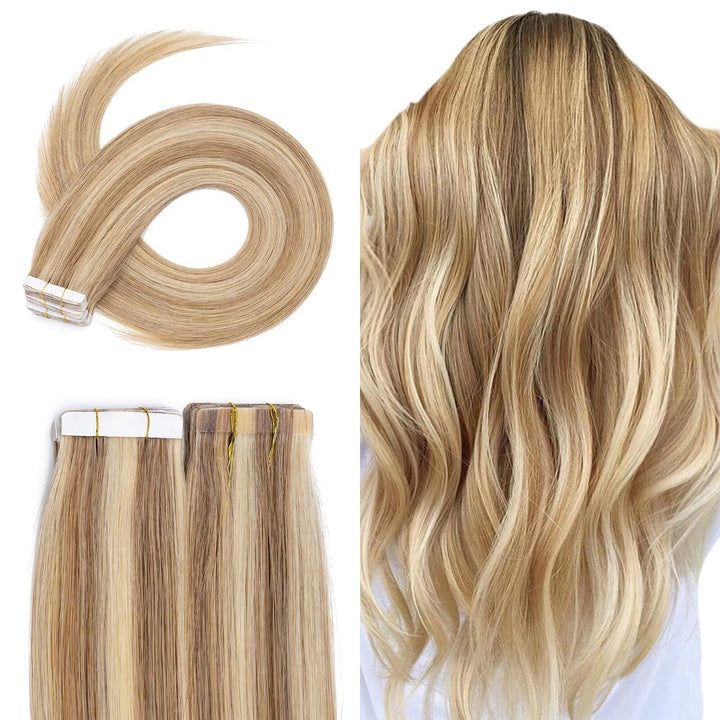 TESS Tape Extensions Echthaar 35 cm, Blond Balayage Tape Klebeband Haarverlängerung 20 pcs Glatt Hel