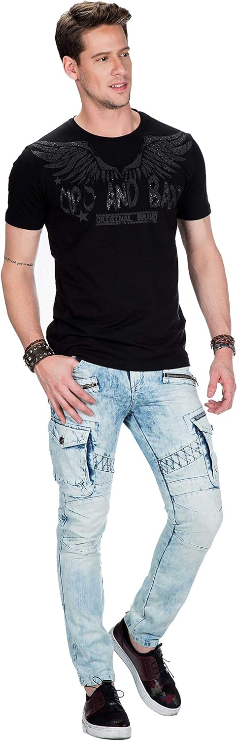Cipo Baxx Herren Jeans Hose Slim Fit Cargo Design Denim Freizeit Hose Hellblau W32 L34