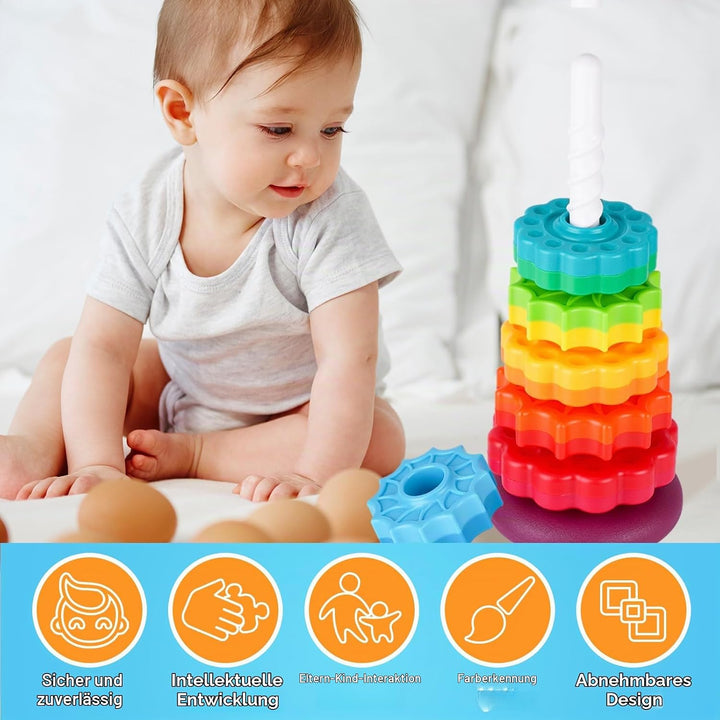 41cm Stapelturm mit Drehfunktion, Regenbogen-Stapelringe Spielzeug für Kinder, Zweifarbige drehende