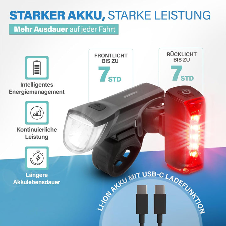 Fischer Twin Fahrradlicht Set, 360° Bodenbeleuchtung, LED Fahrradlampe 30 Lux, Akku aufladbar mit US