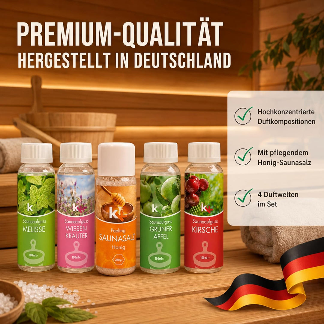 KK Sauna -Set mit Salz Peeling | KK Saunaaufgussset"Altes Land" 4 x 100 ml + 200 g KK Saunasalz"Honi