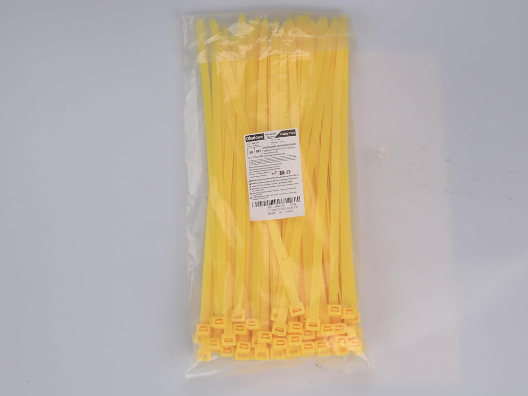 Oksdown Kabelbinder wiederverschliessbar Gelb 400 mm × 7,6 mm 100 Stück UV-Beständig Stark Gross Nyl