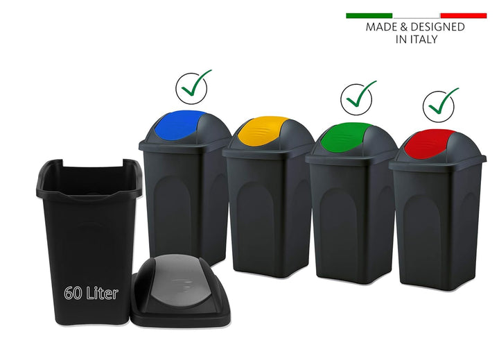 BigDean 3x Mülleimer gross 60L - schwarz - mit Schwingdeckel rot, grün & blau - aus Kunststoff - Mül