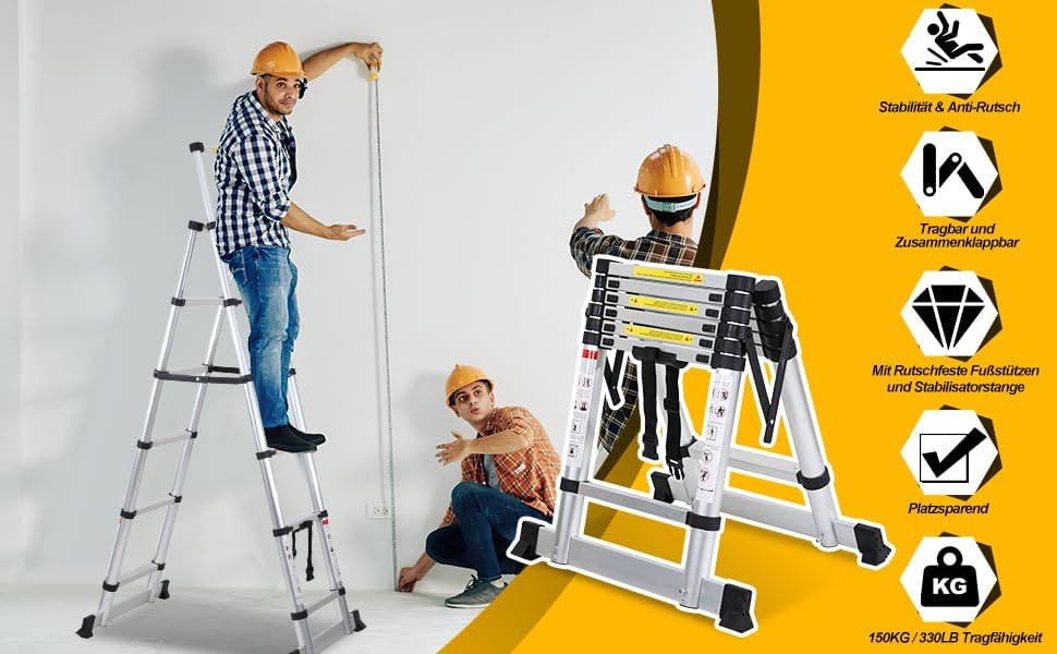 Teleskopleiter 1,7m+2,0m, Aluminium Anti-Rutsch Leiter Ausziehbar, Mehrzweckleiter, Klappleiter A-Ra