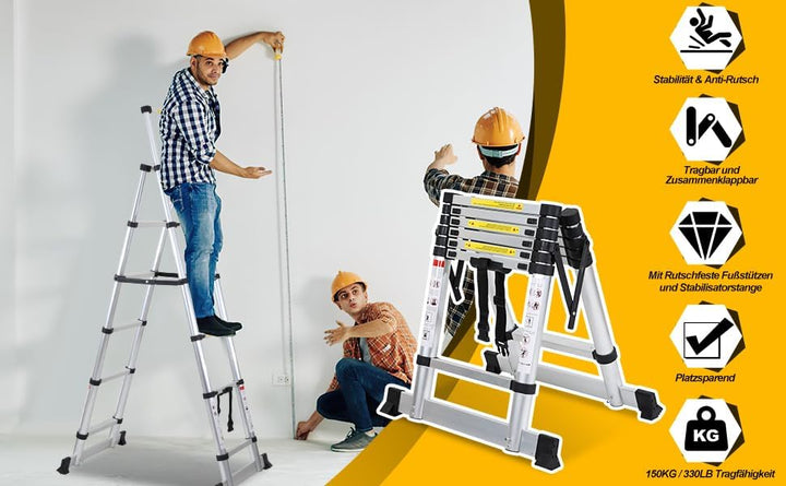 Teleskopleiter 1,7m+2,0m, Aluminium Anti-Rutsch Leiter Ausziehbar, Mehrzweckleiter, Klappleiter A-Ra