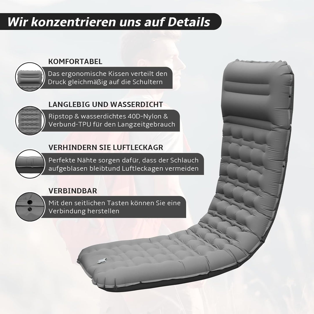 Aufblasbare Isomatte Camping mit Fusspumpe und Kopfkissen, 12 cm verdickt – Bequem, Ultraleicht, Kle