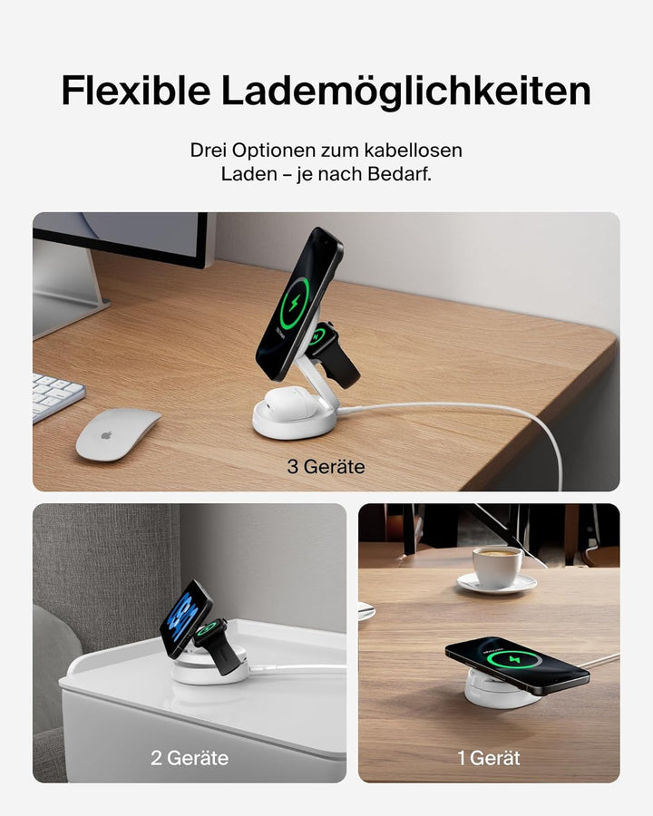 Belkin BoostCharge 3-in-1 Induktive Ladestation mit Qi2, 15W, MagSafe-kompatibles Ladegerät, Kabello