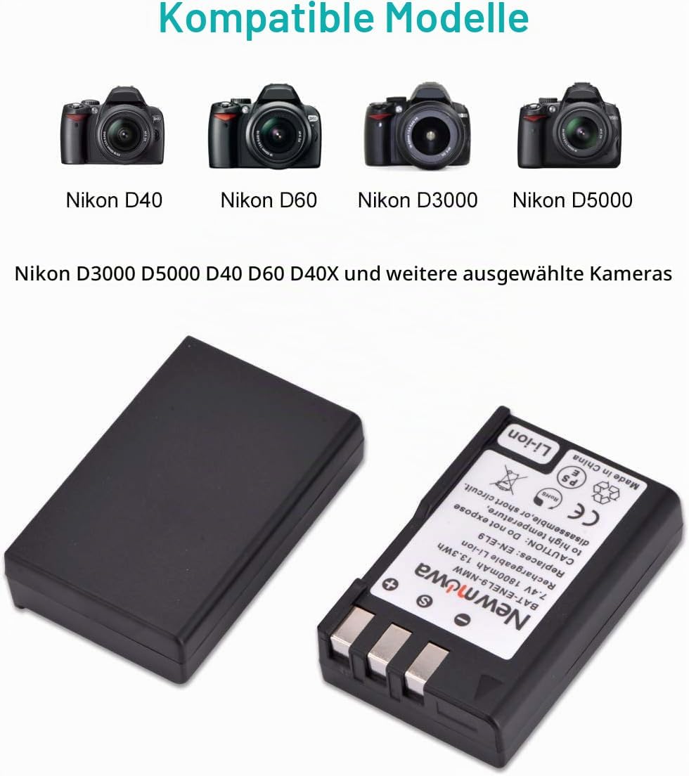 Newmowa® EN-EL9 EN-EL9A Ersatz Akku (2er Pack) und tragbar Micro-USB-Ladegerät-Set für Nikon D3000,