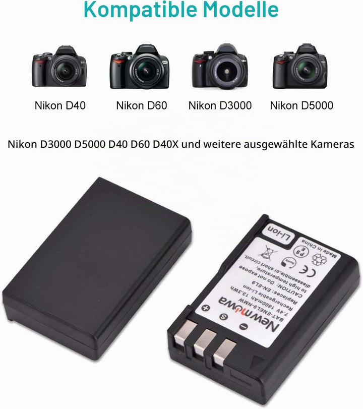 Newmowa® EN-EL9 EN-EL9A Ersatz Akku (2er Pack) und tragbar Micro-USB-Ladegerät-Set für Nikon D3000,