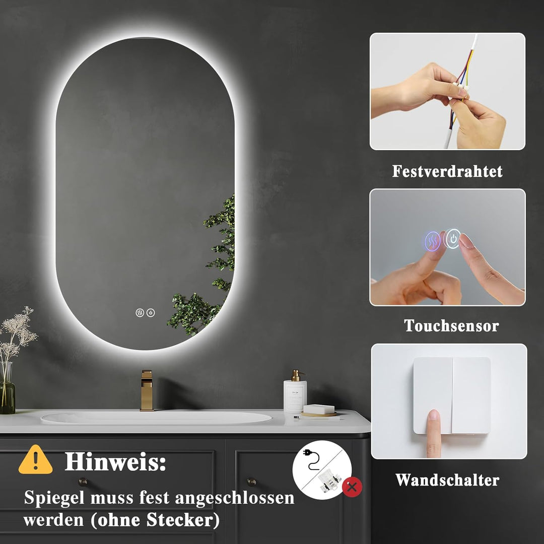 Badspiegel mit Beleuchtung 40x70cm : LED Badezimmerspiegel - Badezimmer Spiegel mit Beschlagfrei - T