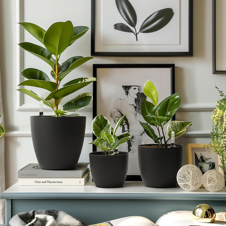 T4U 15cm Selbstwässernder Blumentopf mit Wasseranzeiger Schwarz 4er-Set, Selbstbewässerung Wasserspe