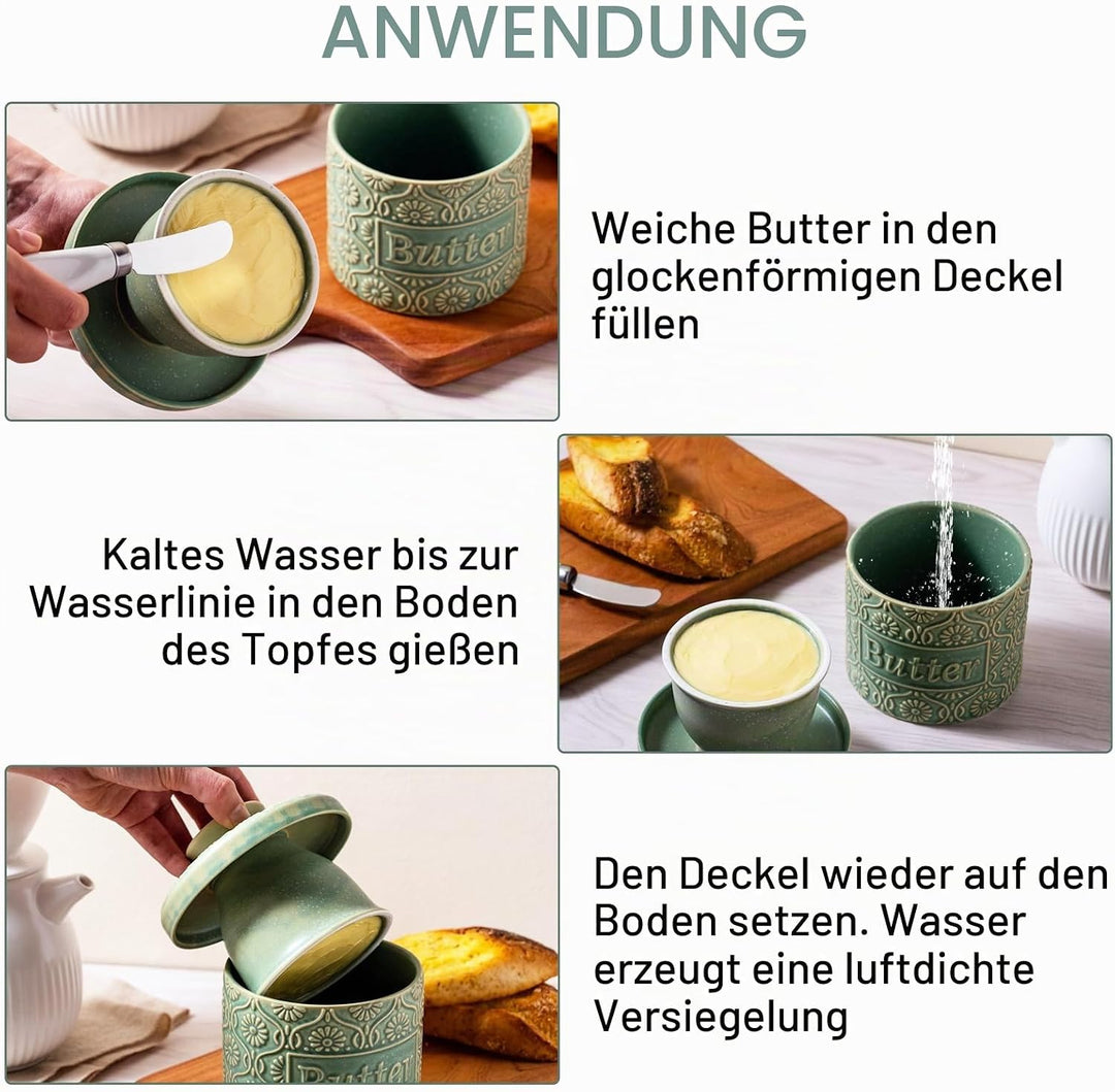französische Keramikbutterglocke mit Deckel, Wassergekühlte Butterdose mit Wasserlinie, für frische