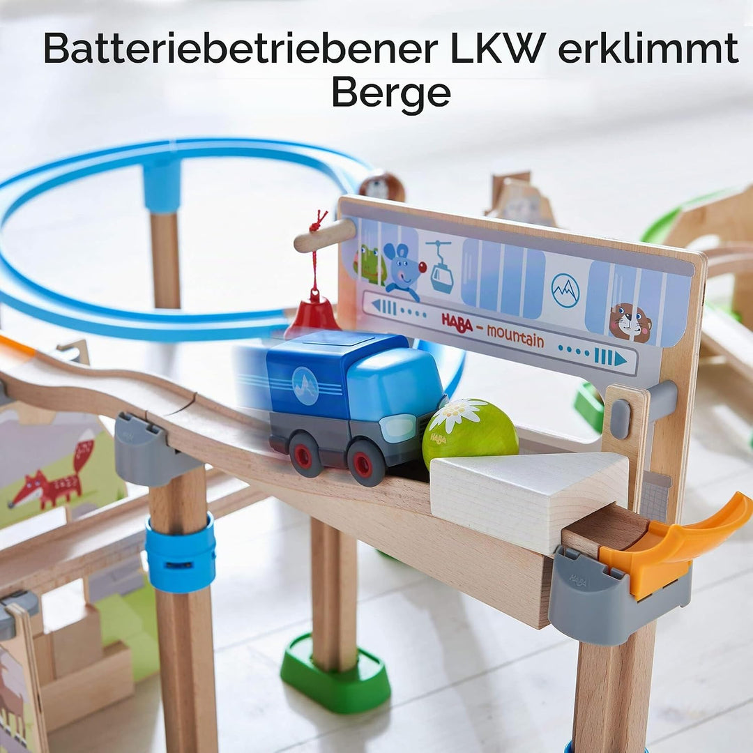 HABA 306017 - Kullerbü – Meister-Spielbahn Bergabenteuer, Erste Kugelbahn Grundpackung ab 2 Jahren,