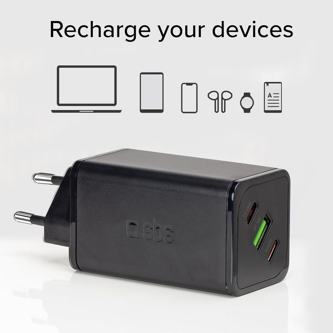 SBS Mehrport-Ladegerät 100W, 2 USB-C-Anschlüsse, 1 USB-A-Anschluss, GaN, Power Delivery, kompakt, id