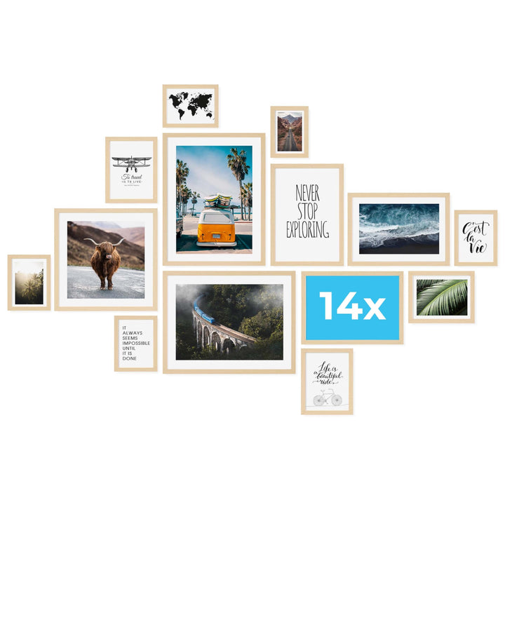 PHOTOLINI Bilderrahmen Set verschiedene Grössen, 14 Bilderrahmen Holz MDF Natur, Bilder Rahmen mit A