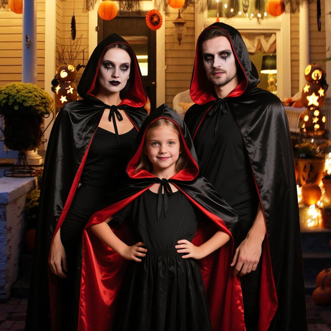 YIMOJOY Halloween Vampir Kostüm Kinder Satin Umhang mit Kapuze 140CM Doppelseitig Vampir Umhang Mädc