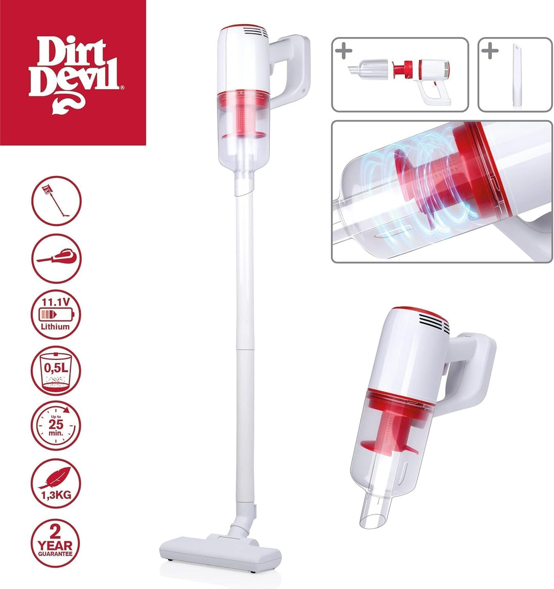 Dirt Devil Akku Staubsauger DD9001 – 2‑in‑1 Kabellos mit Handstaubsauger – Akkustaubsauger mit 80W L