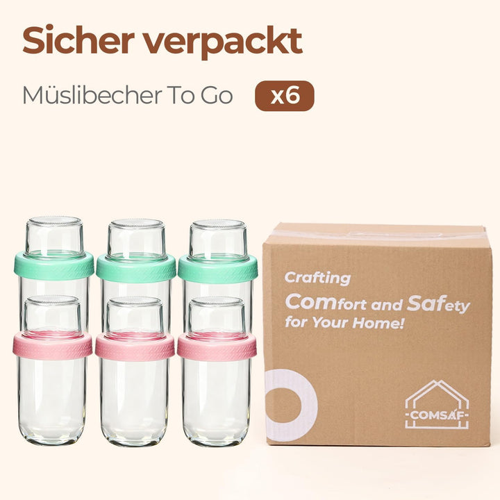 ComSaf 6er Overnight Oats Gläser, 480ml+120ml Müslibecher to go, Joghurtbecher mit Doppelschicht-Des