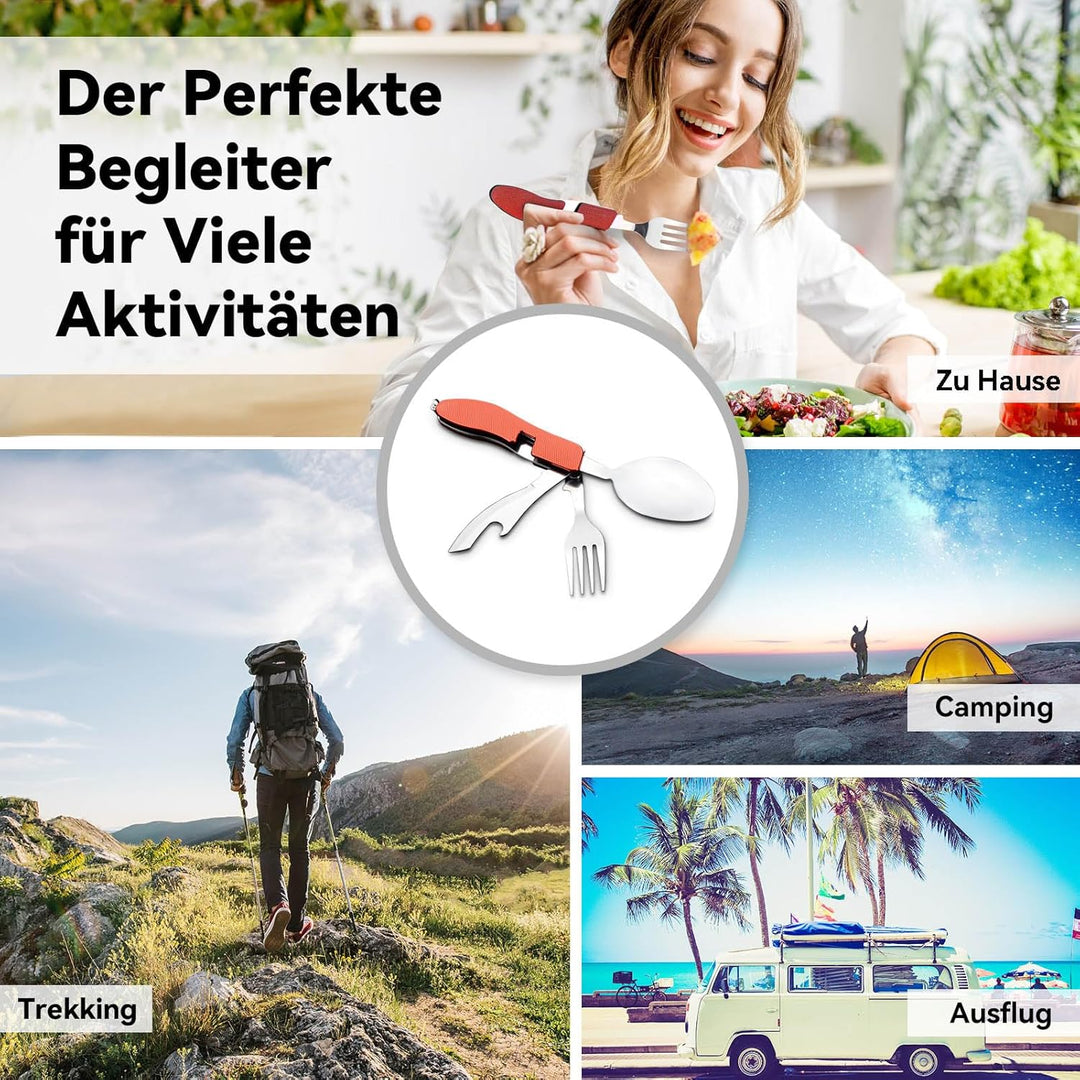 HIKENTURE® Outdoor Campingbesteck Set - Klappbesteck Outdoor Besteck aus Edelstahl mit Gürteltasche