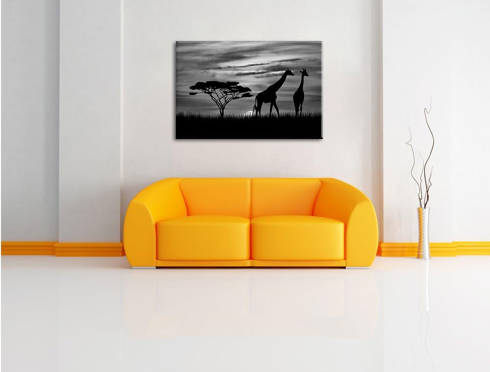 Pixxprint Monocrome, Afrika Giraffen im Sonnenuntergang, Format: 100x70 auf Leinwand, XXL riesige Bi
