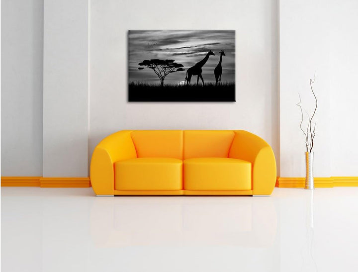 Pixxprint Monocrome, Afrika Giraffen im Sonnenuntergang, Format: 100x70 auf Leinwand, XXL riesige Bi
