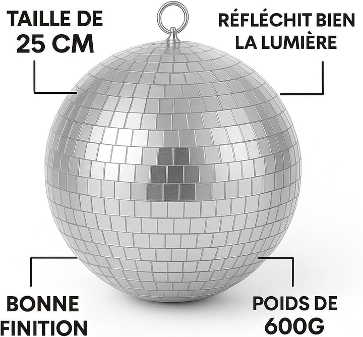 Discokugel Disco-Spiegel, silberfarben, 25 cm, mit Haken zum Aufhängen, glitzernde Dekoration, gross