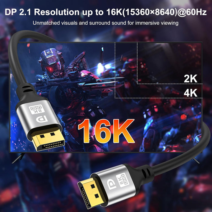 16K DisplayPort Kabel 10M,Displayport 16K@60Hz, 8K@120Hz, 4K@240Hz, HBR3 32.4Gbps, HDR10, DSC 1.2, H