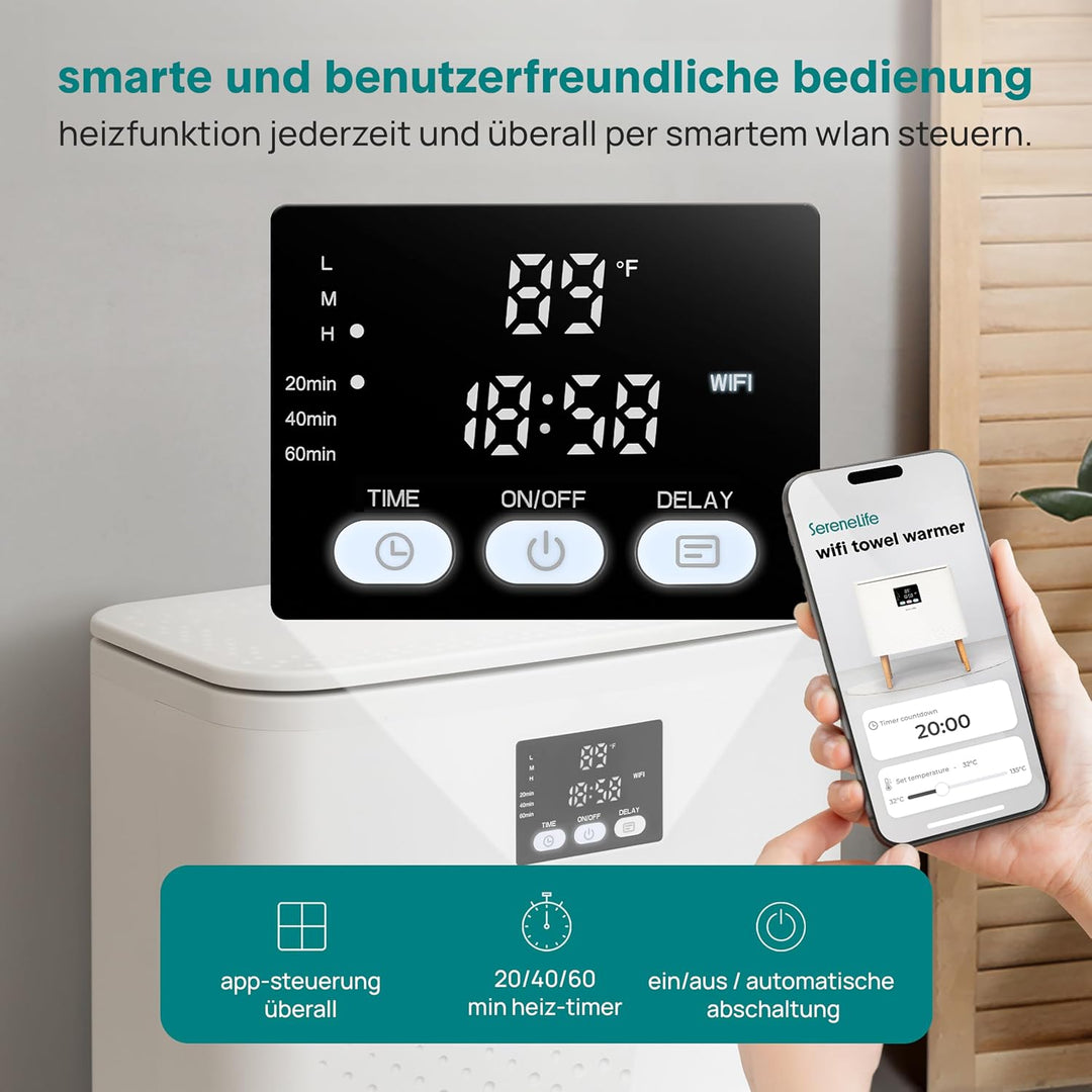 SereneLife WiFi Handtuchwärmer 20L Elektrisch Stehend – Smart Handtuchtrockner für 2 Handtücher mit