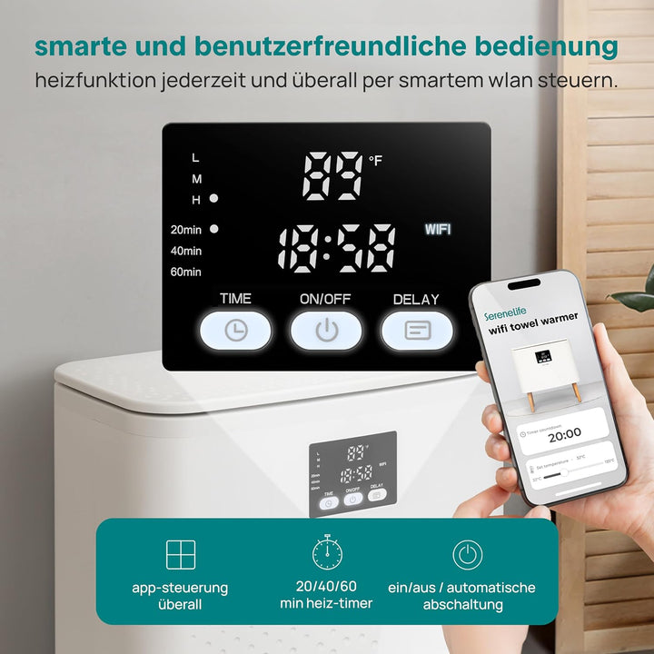 SereneLife WiFi Handtuchwärmer 20L Elektrisch Stehend – Smart Handtuchtrockner für 2 Handtücher mit