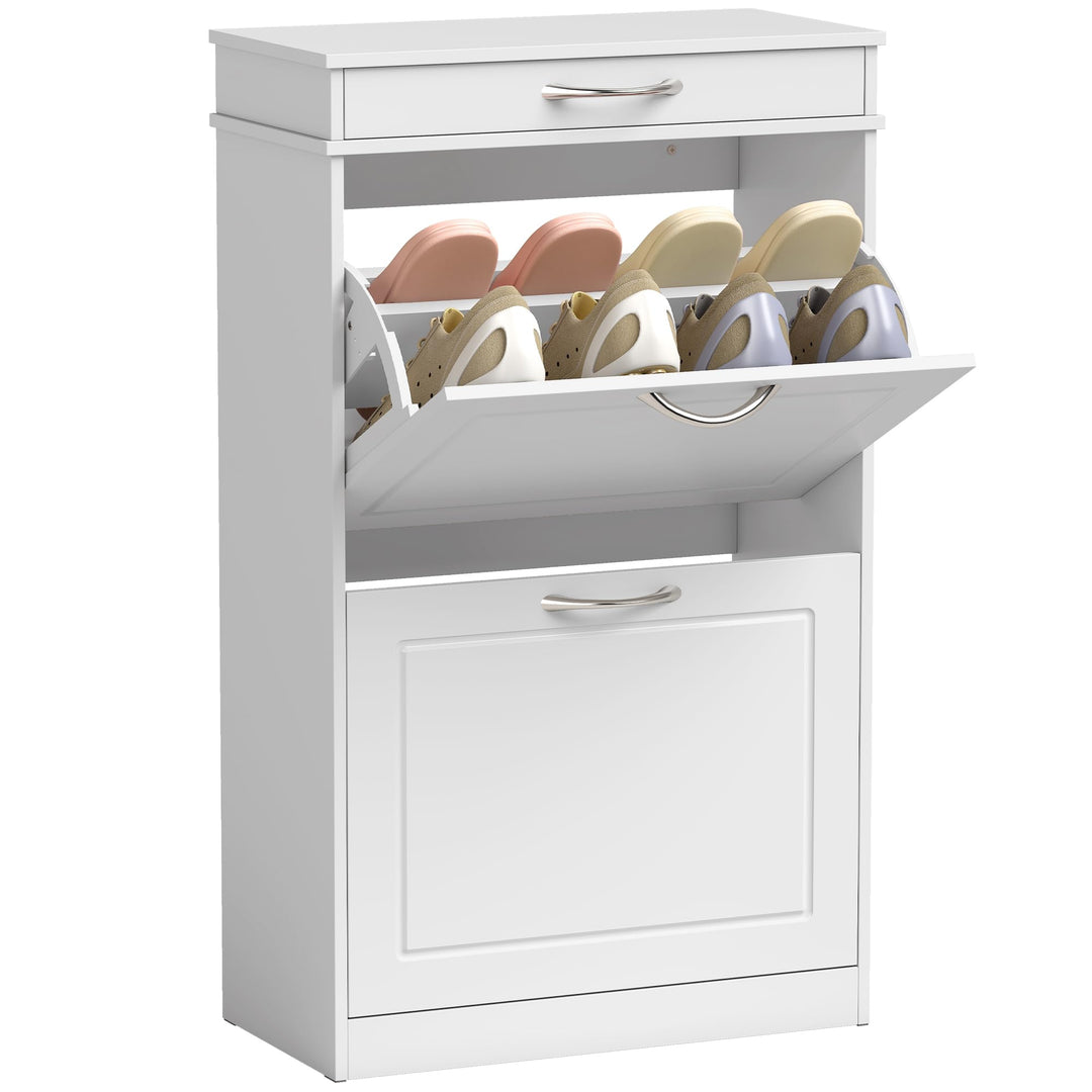 HOMCOM Schuhschrank mit 2 Klappen, Schublade, 53 x 26,5 x 89 cm, Weiss | Schuhkipper Schmal Schuhreg