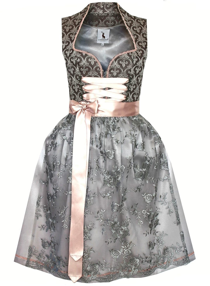 Alpenmärchen Midi Dirndl aus Exklusiver Kollektion inkl. Spitzenschürze Gr.32-54 - ALM660 32 Grau-gr