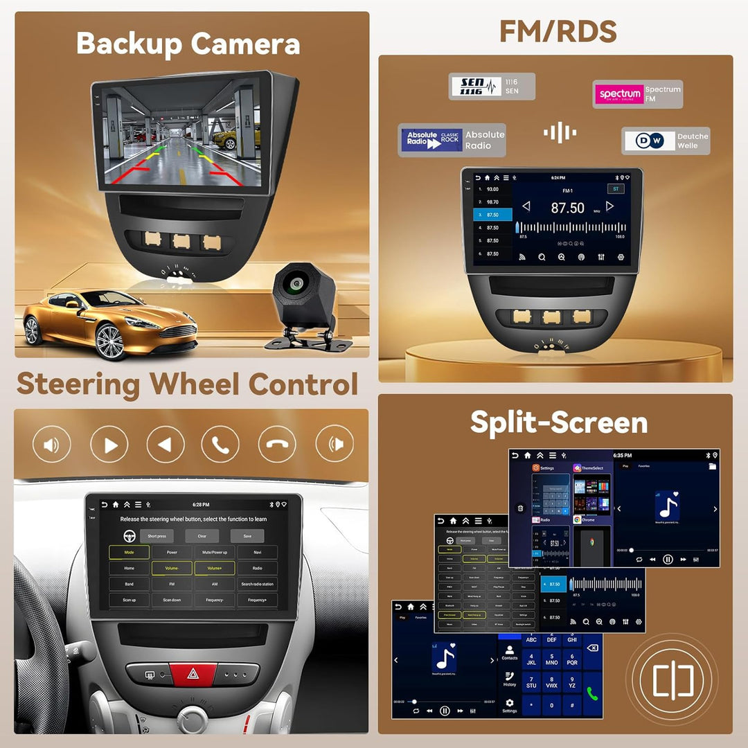 Hikity Android 15 4+128G Autoradio für Toyota Aygo/Peugeot 107/Citroen C1 2004-2014 mit 10,1 Zoll In