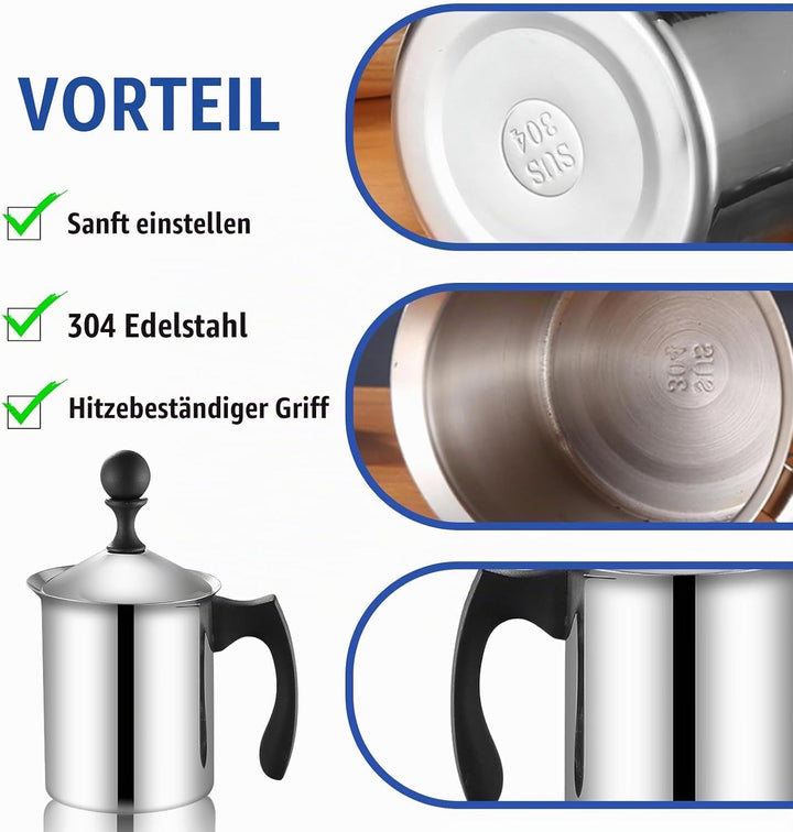 Milchaufschäumer Manuell, 800ml Edelstahl Handmilchaufschäumer, Manueller Schäumer mit Kaffee-Ziehdo